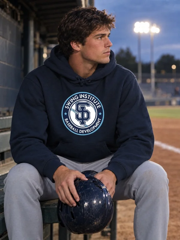 Midnight blue Badge Hoodie with the full Swing Institute badge