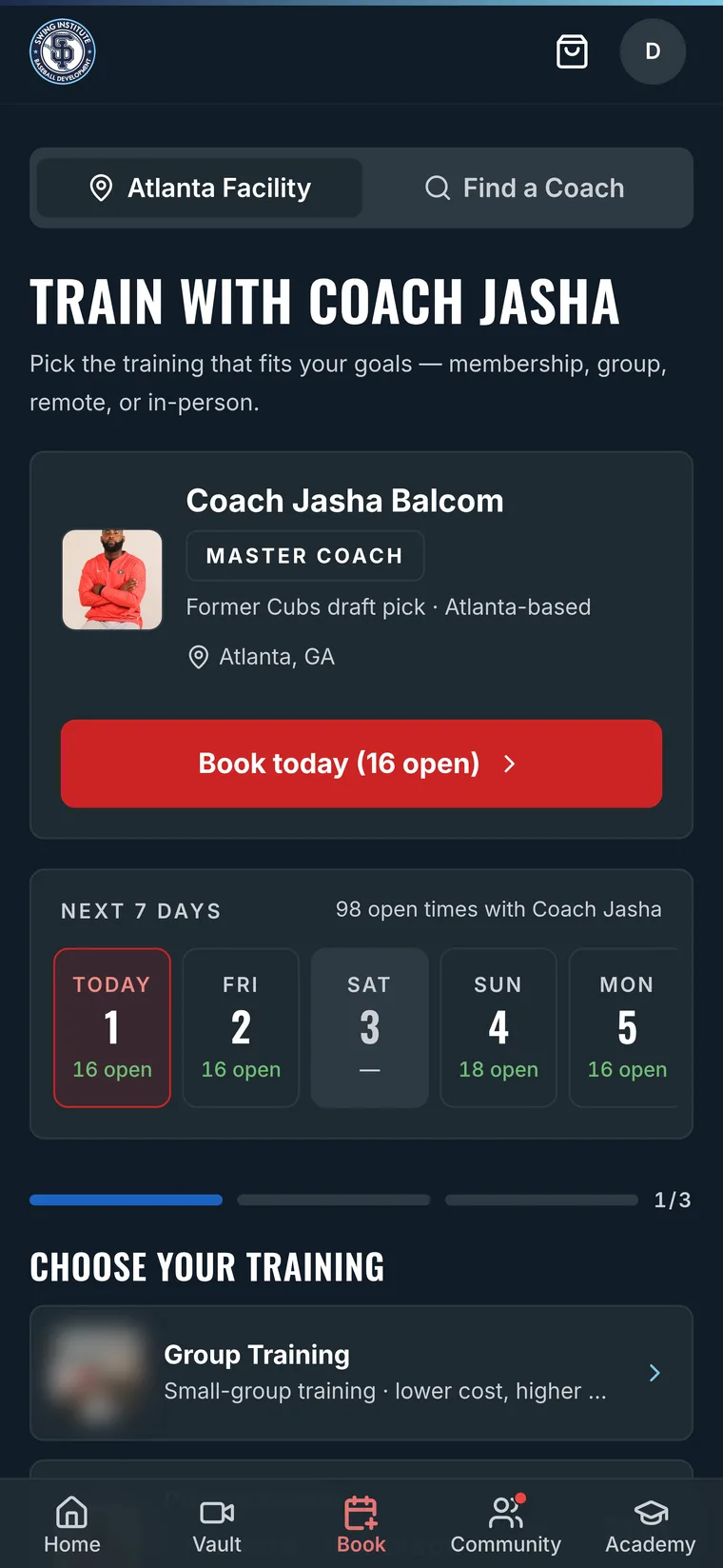 Choose training, in the app