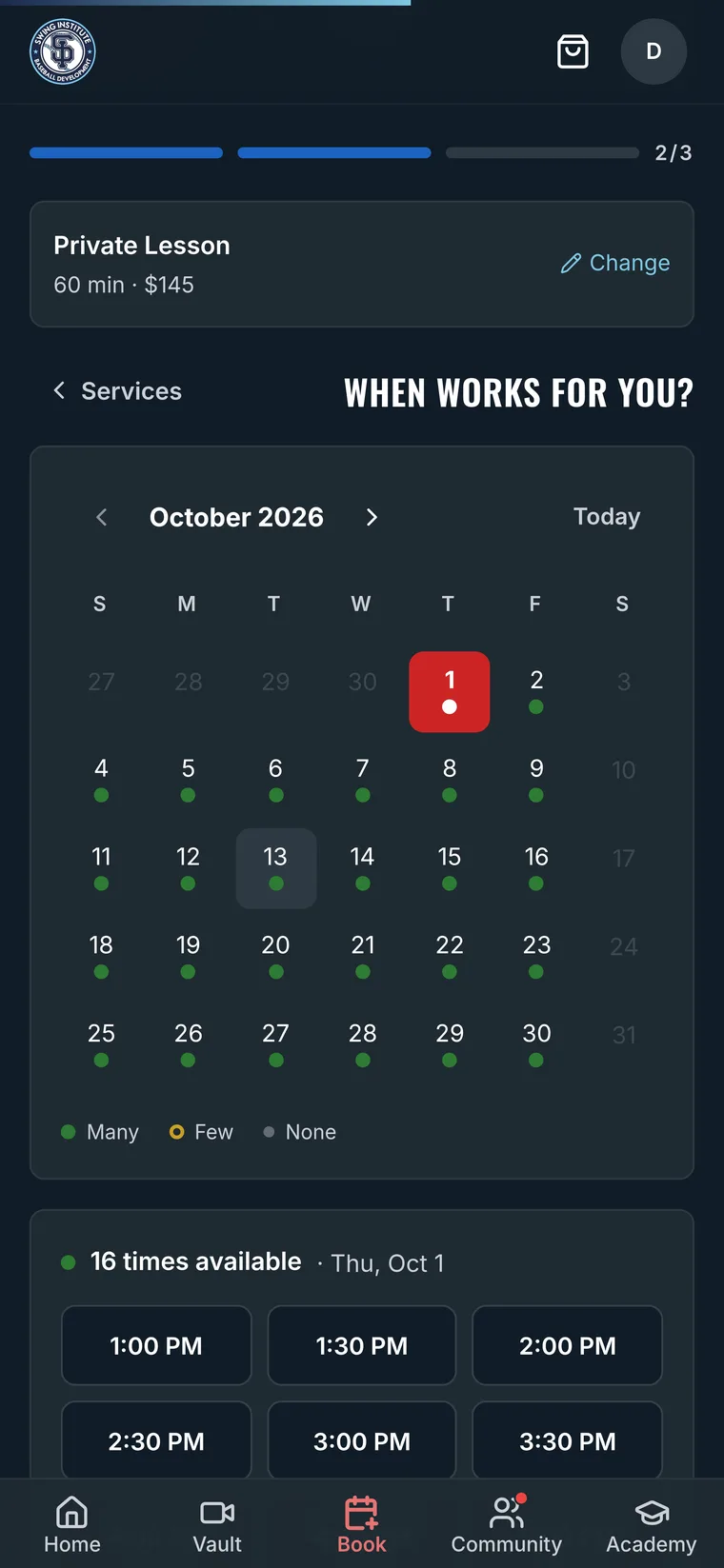 Lesson time slots, in the app